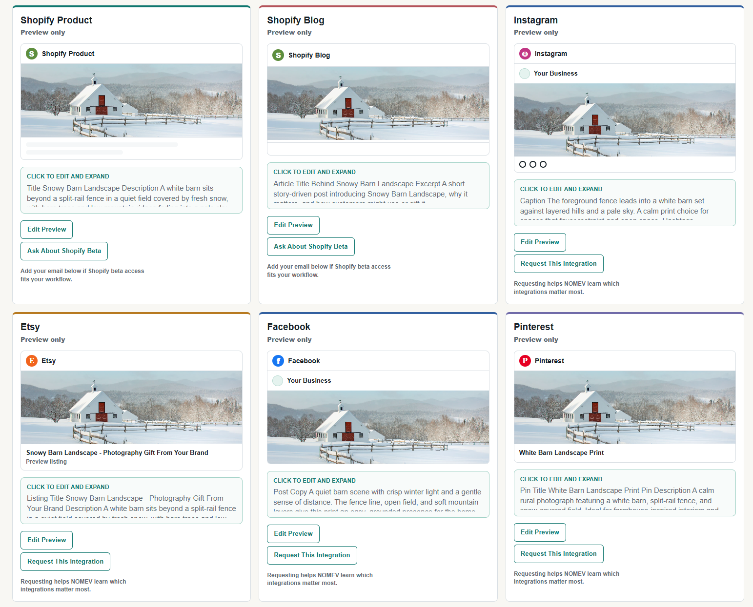 NOMEV preview showing editable drafts across Shopify, Instagram, listing-style drafts, Facebook, Pinterest, and blog content.